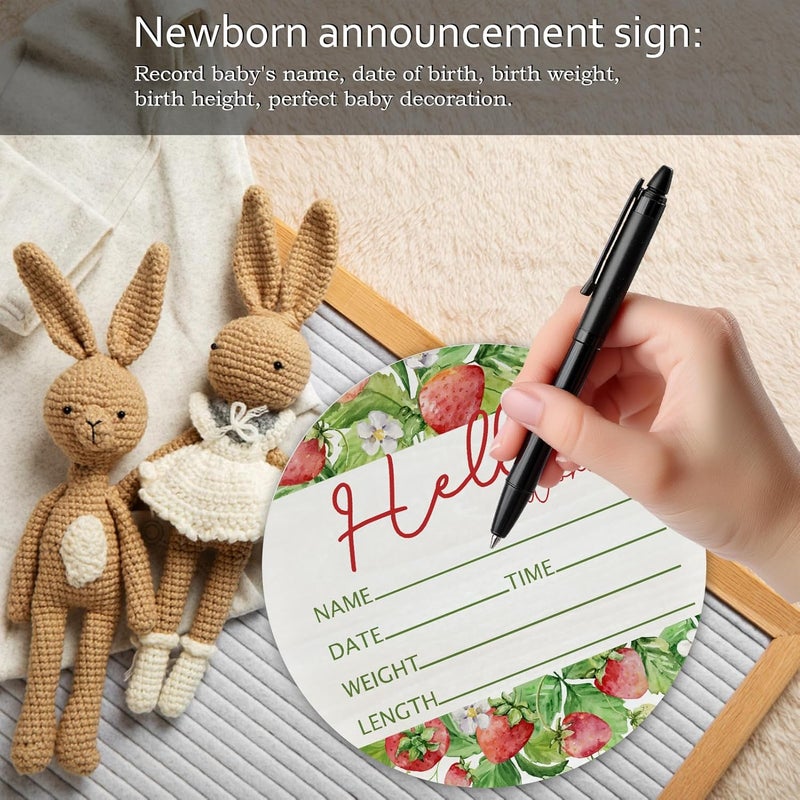 CLHHM Hello World Strawberry Theme Baby Name Sign Birth Announcement Plaque with Name Date Weight 6" Round Birch Wood Nursery Decor Newborn Hospital Keepsake Gift for Parents - Image 4